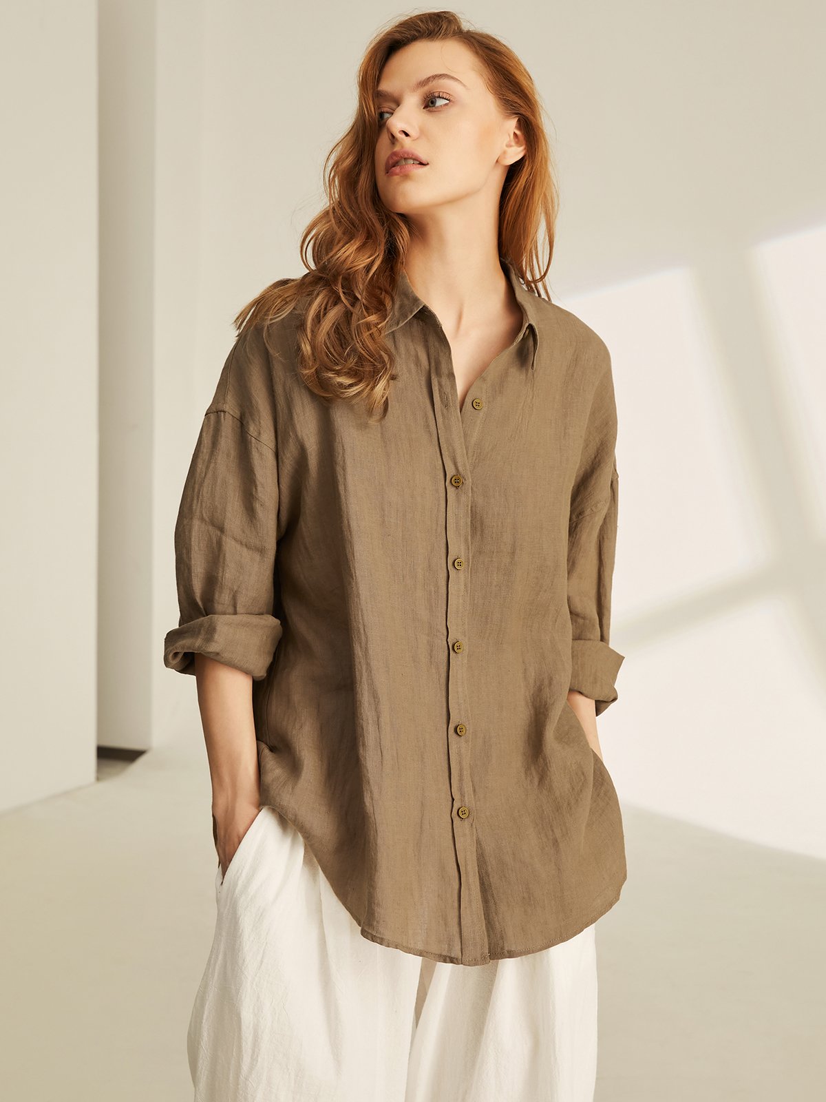 Linen Shirt Collar Plain Blouse