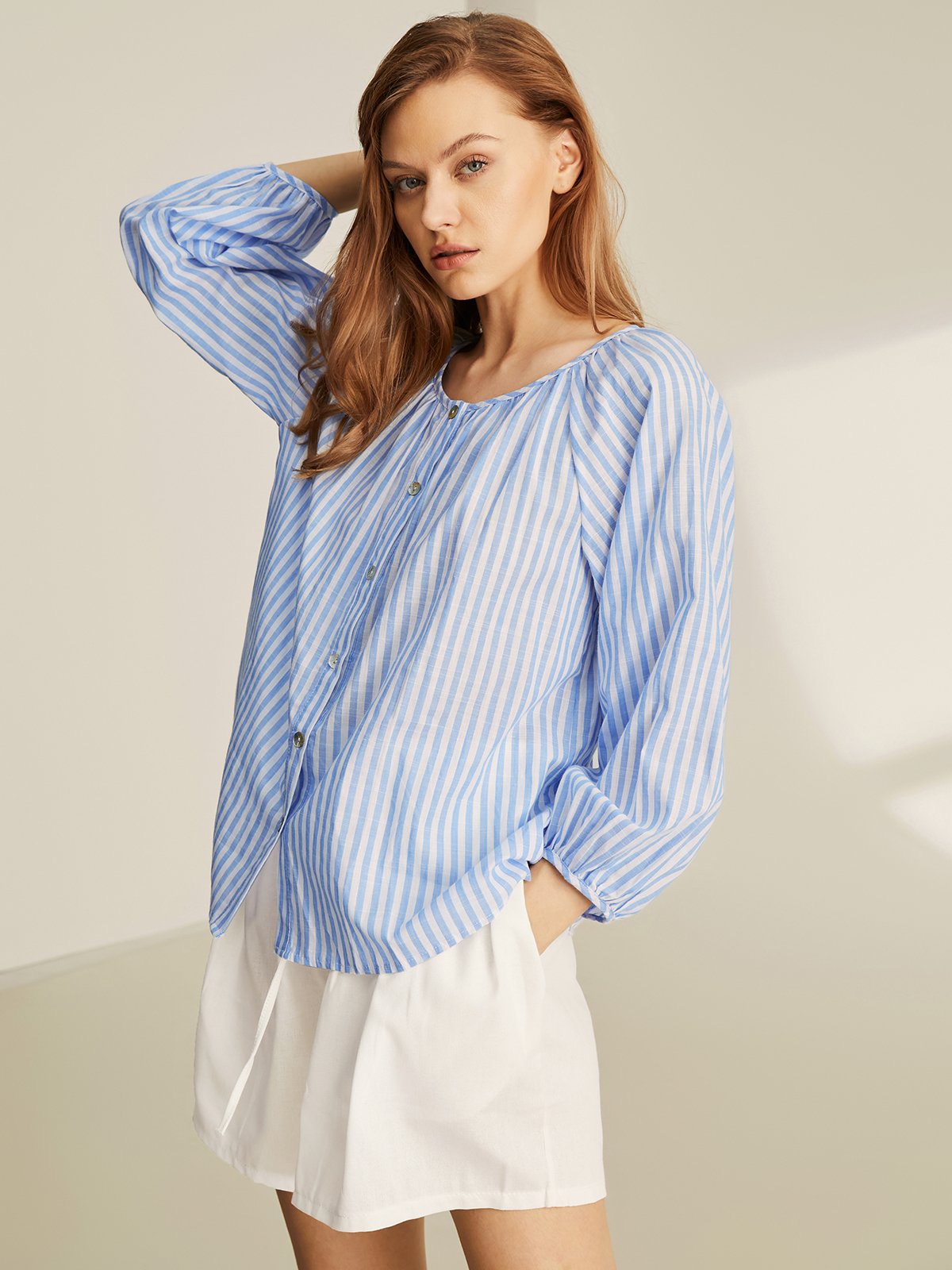 Linen Striped Vacation Crew Neck Blouse