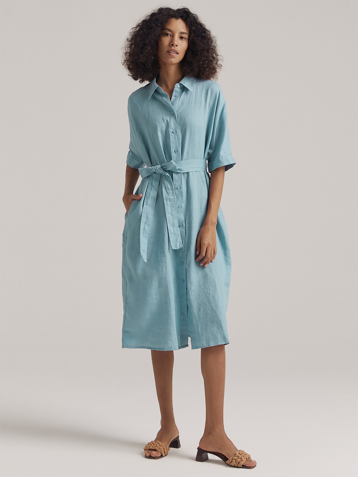 Talia 100% Linen Water Blue Shirt Dress With Belt
