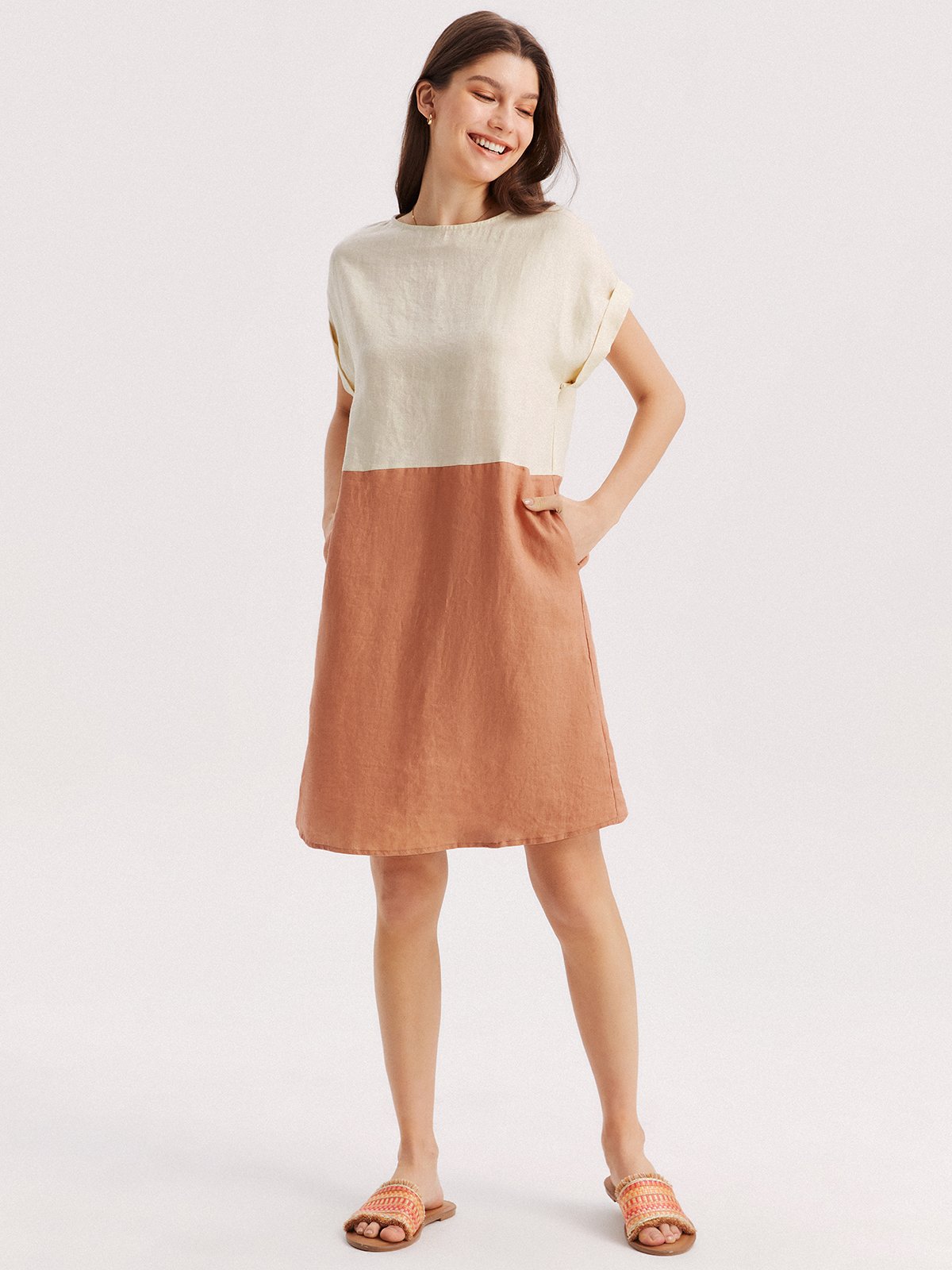 Luna 100% Linen Color Block Patchwork Dress
