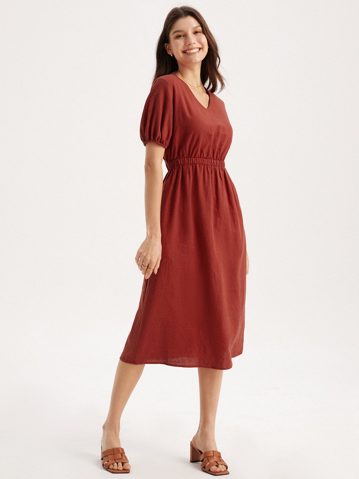 Lena Linen-Cotton V-neck Dress