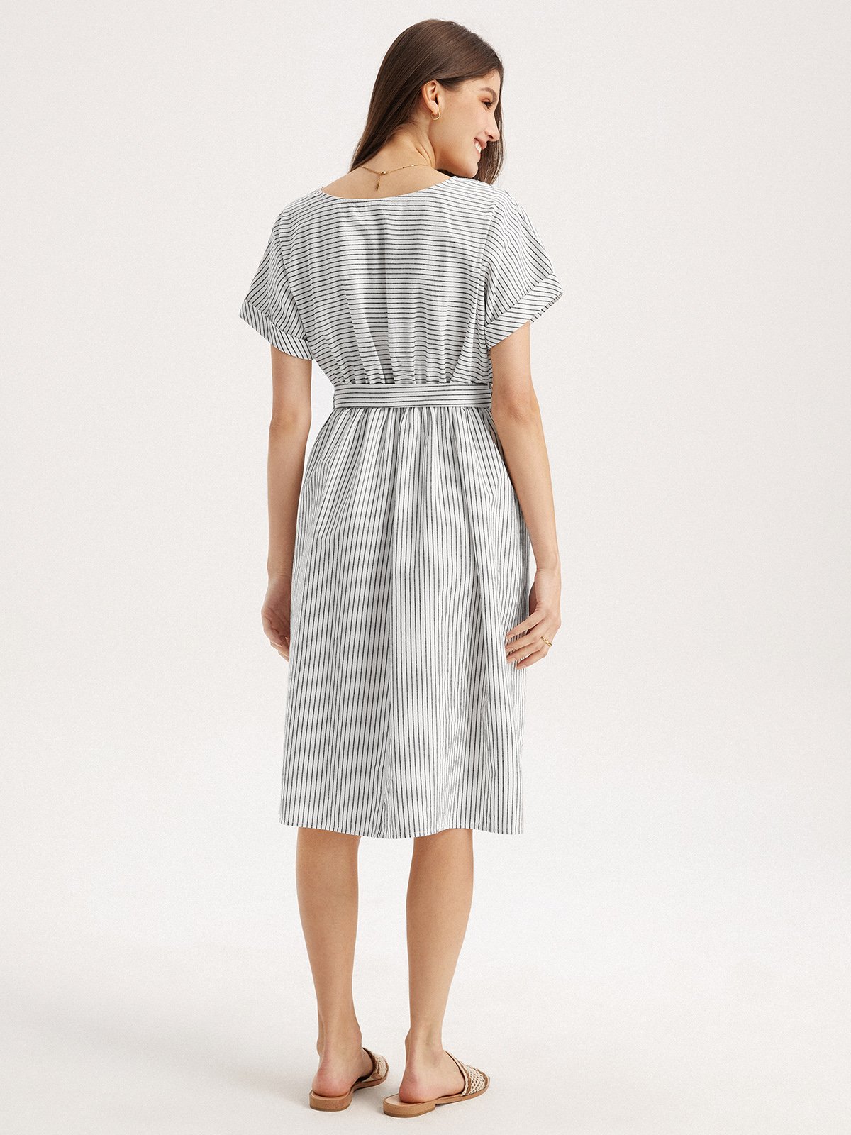 Jade Linen-Cotton Round Neck Belted Striped Dress