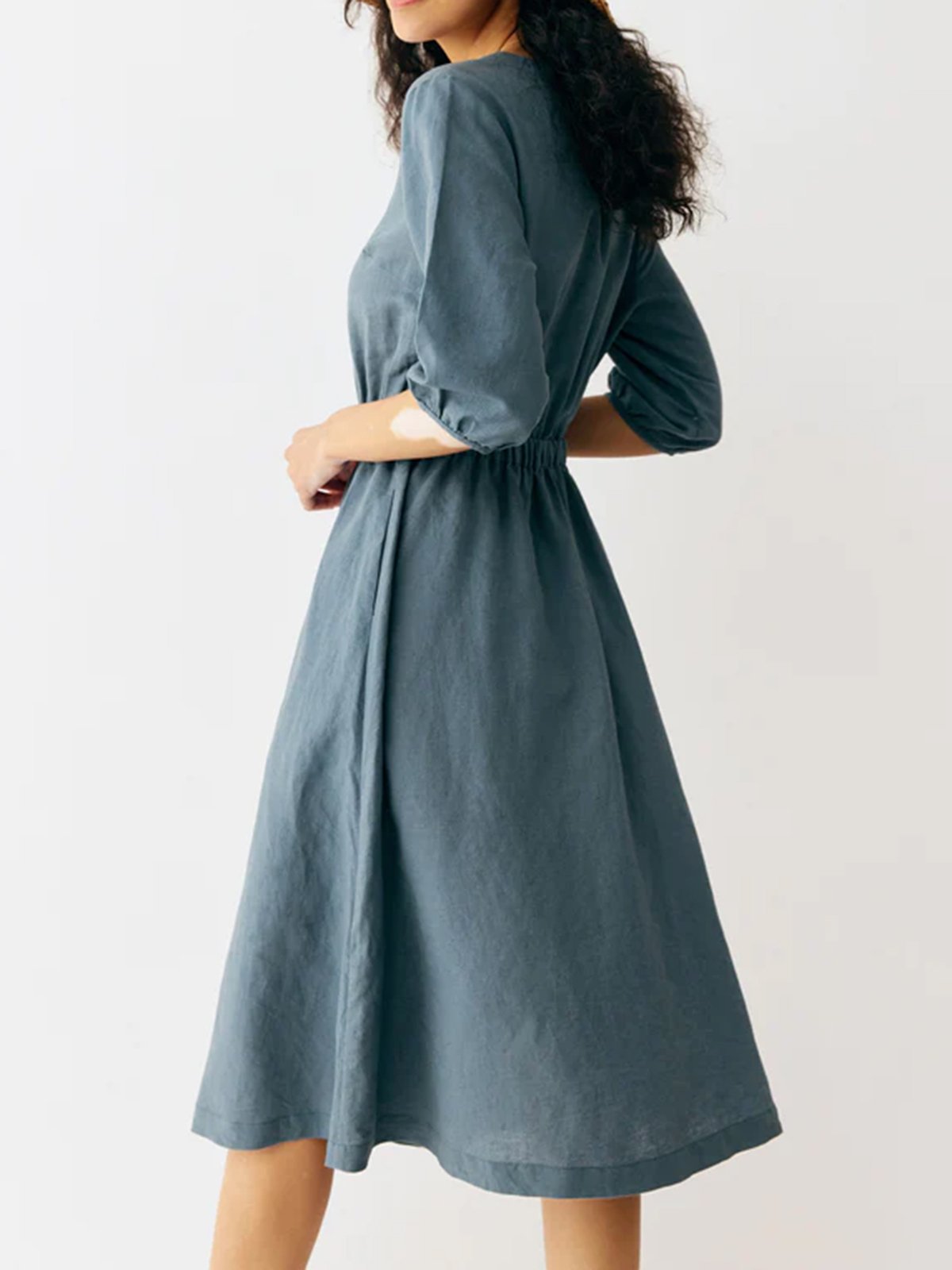 Nia Linen-Cotton V-neck Single-breasted Dress