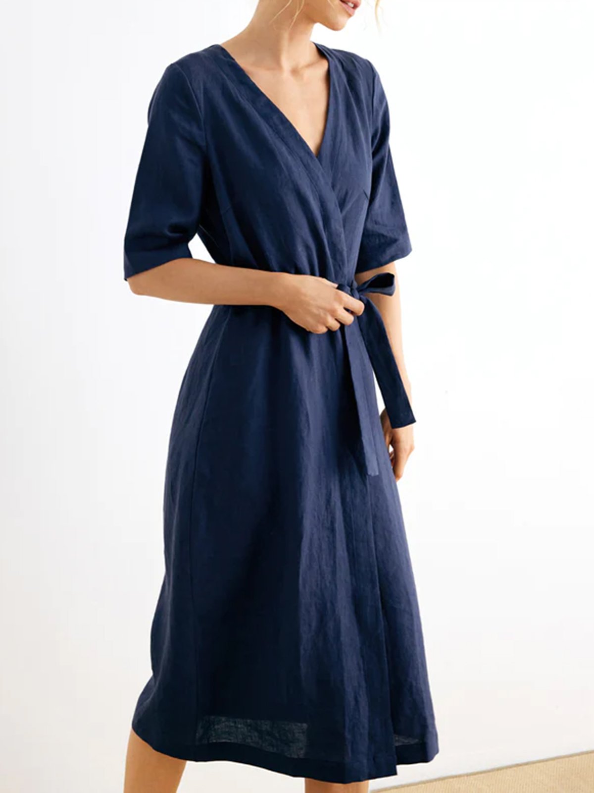Ora 100% Linen Wrap Dress with Cinched Waist