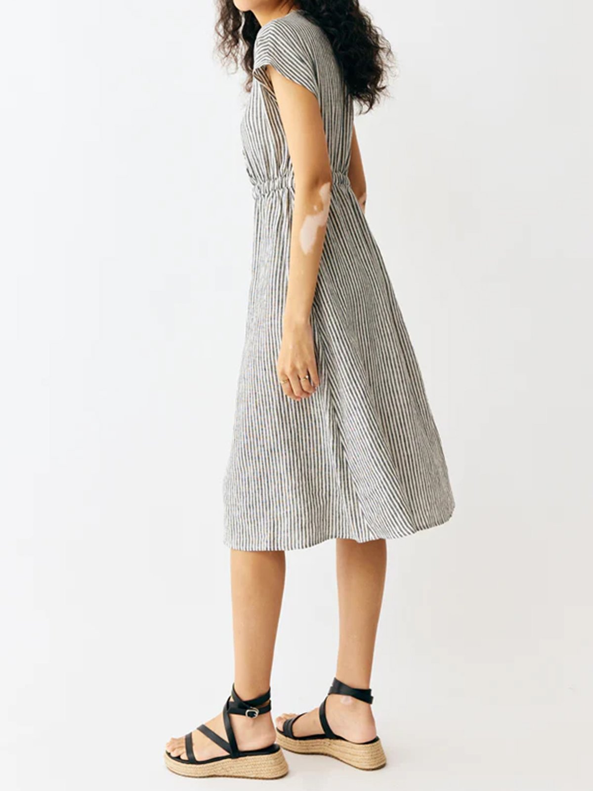 Kira 100% Linen Striped Dress with Elastic Waistband