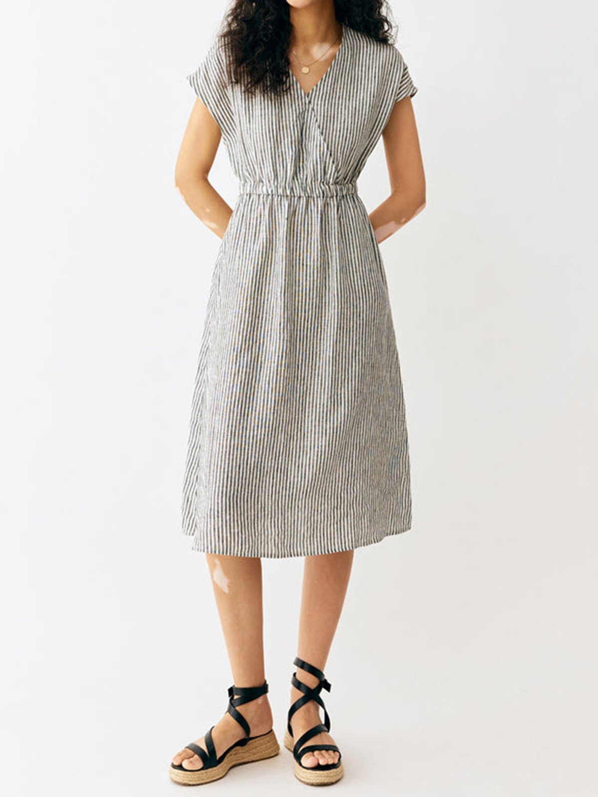 Kira 100% Linen Striped Dress with Elastic Waistband