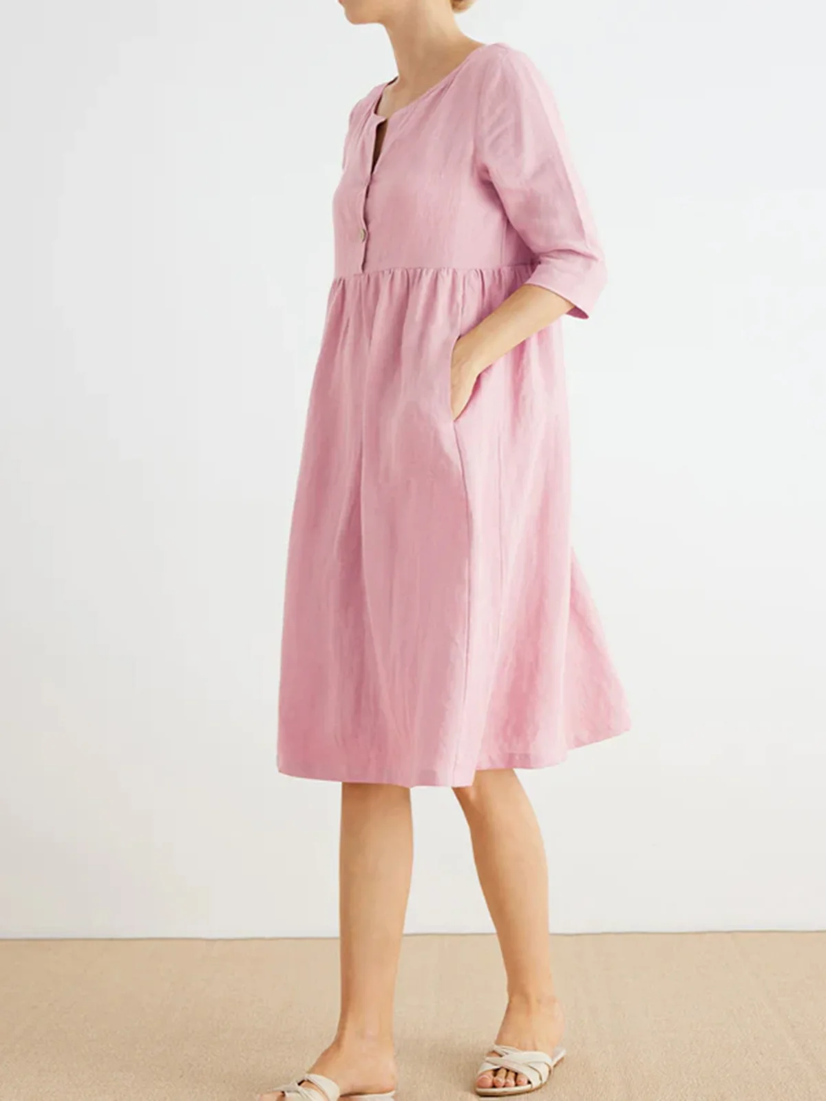 Linen Plain Casual Dress With No