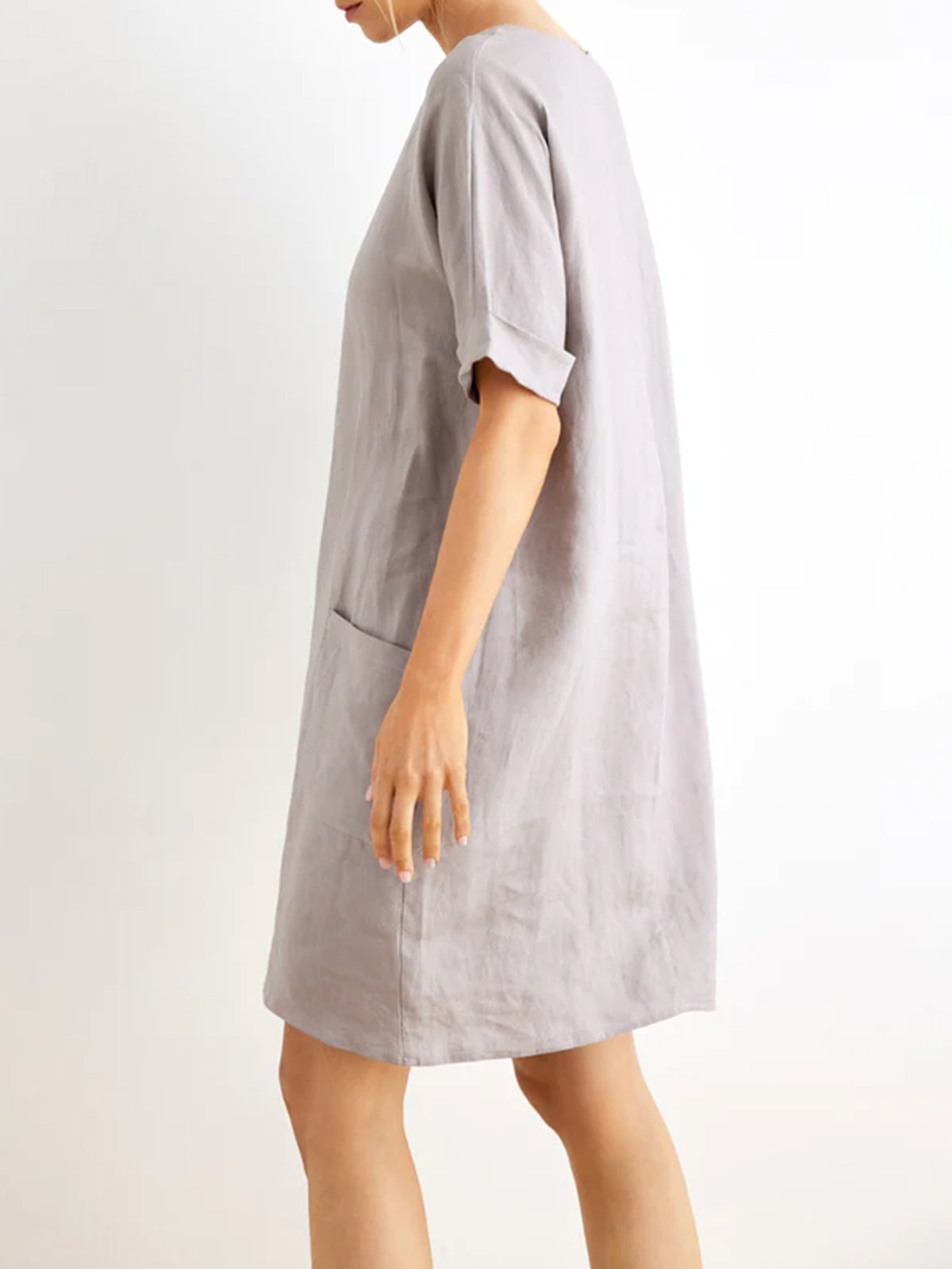 Casual Crew Neck Regular Fit Linen Dress With No