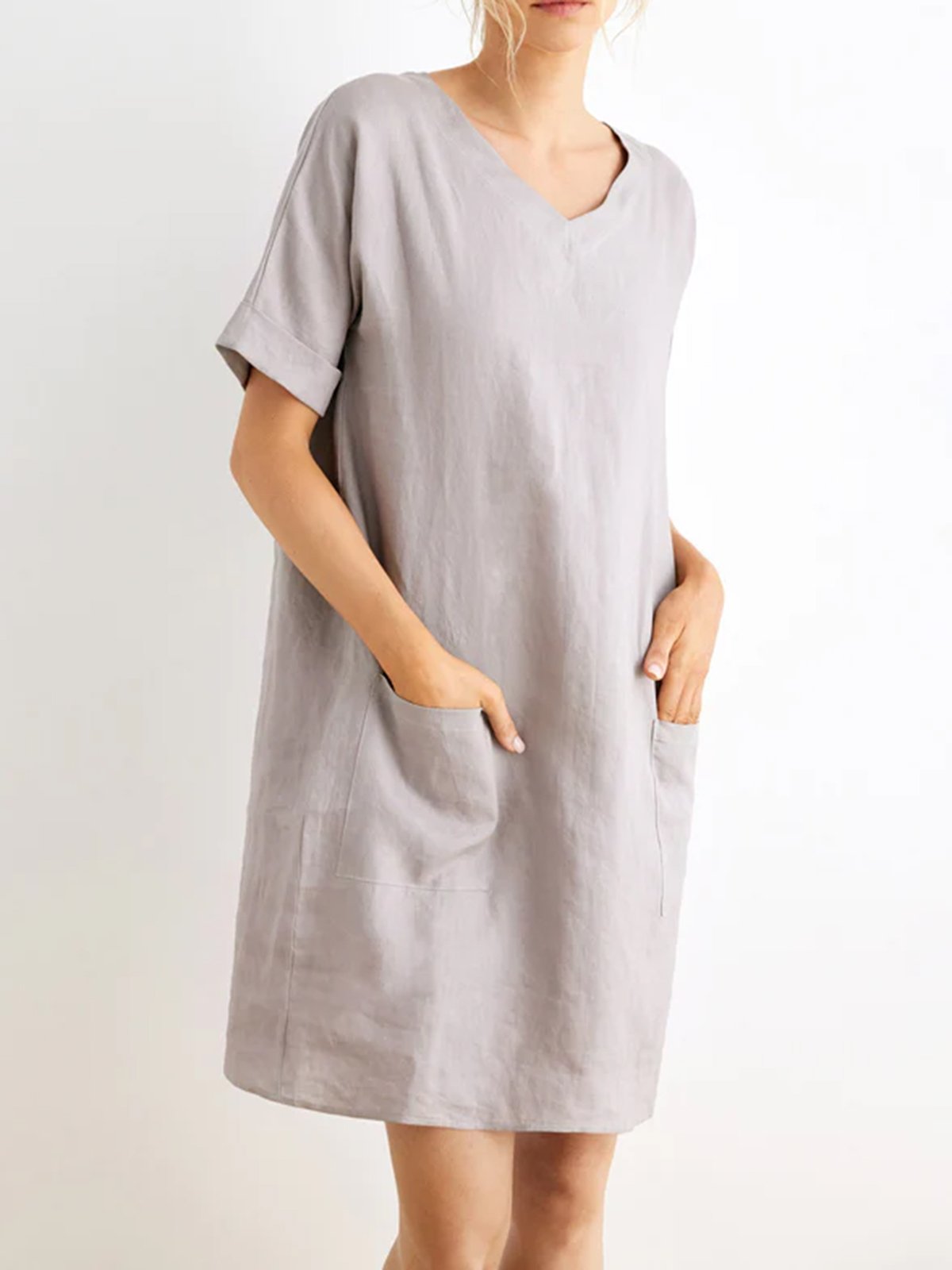 Casual Crew Neck Regular Fit Linen Dress With No
