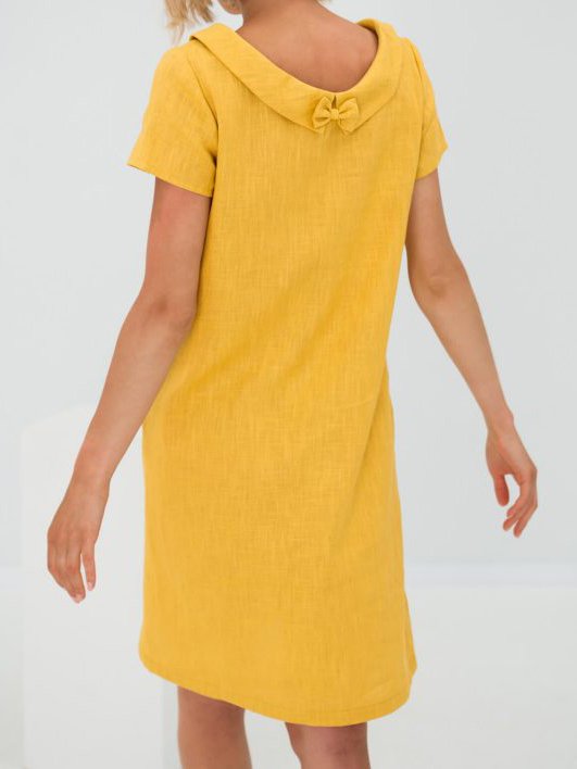 Linen Crew Neck Simple Plain Dress With No