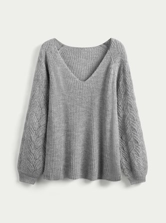 Gray Long Sleeve Knitted Shift V Neck Sweater