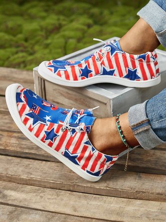 Striped Star Graphic-Print Denim Lace-Up Canvas Flats