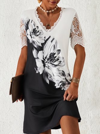 Guipure Floral Printed Casual Short Sleeve Knit Midi Dress