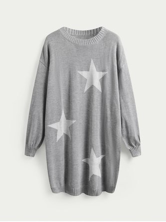 Star Printed Casual Long Sleeve Round Neck Sweater Dress