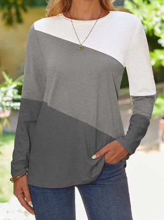 Women Color Block Autumn Casual Natural Jersey Pullover Long sleeve Regular Regular T-shirt