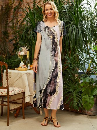 Vintage Casual Marble Print V-Neck Short Sleeve Long Resort Maxi Dress Casual Loosen Heart-Shaped Collar Short Sleeve Knit Dress