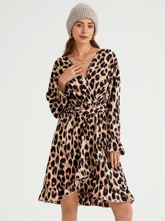 Casual Leopard V Neck Loose Long Sleeve A-Line Dress
