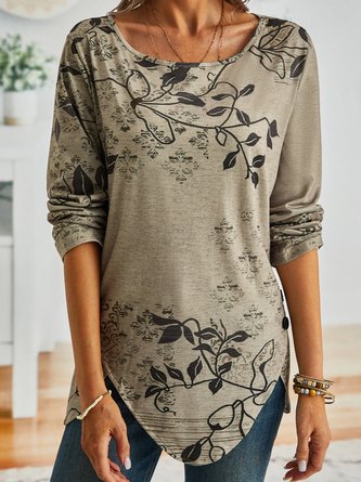 Plus size Crew Neck Casual Leaves Long Sleeve T-Shirt