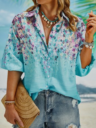 3/4 Sleeve Floral Plus Size Casual Shirt Tops