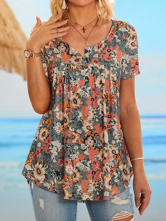 Holiday gradient flower half open button loose pleated top T-shirt tunic