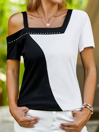 Color Block Summer Casual Daily Jersey Standard Asymmetrical Fit Regular T-shirt for Women