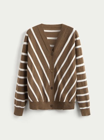 Cotton Blends V Neck Striped Sweater coat