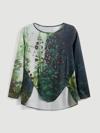 Crew Neck Floral-Print Long Sleeve Floral Tops