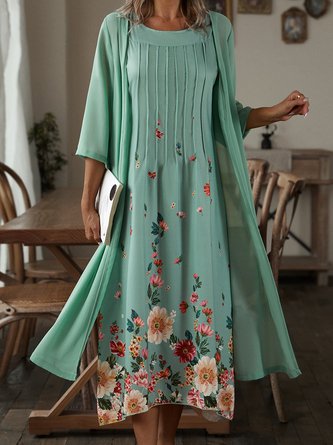 Half Sleeve Loosen Floral Round Neck Two Piece Short sleeve Woven Maxi Dress