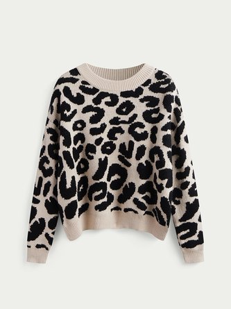 Black Leopard Jacquard Long Sleeve Knitted Sweater