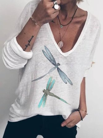 White Floral-Print Casual Long Sleeve Animal T-shirt