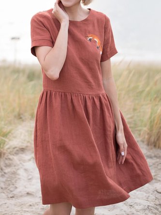 Crew Neck Linen Casual Dress With No