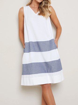 Loose Color Block Casual Linen Dress With No