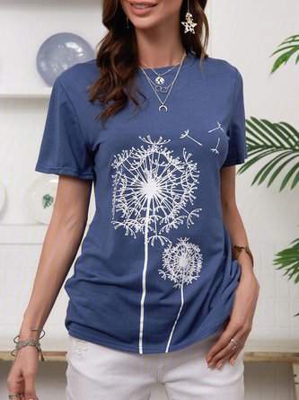 Dandelion Print Cotton-Blend Short Sleeve Casual T-Shirts