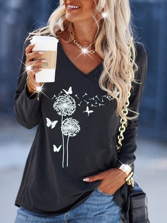 V Neck Simple Printed Casual Tops