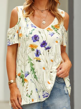 Romantic Floral Casual Loosen V Neck Hollow Out Tunic Short Sleeve T-Shirt
