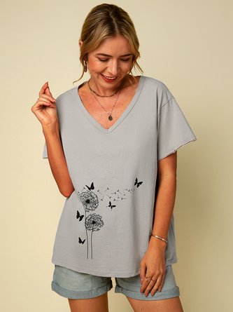 Plus Size Short Sleeve Printed Casual V Neck T-shirt