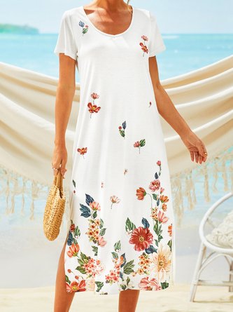 Plus Size Floral-print Casual Short Sleeve V neck Knitting Dress