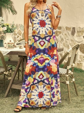Vintage Sleeveless V Neck Printed Knitting Dress