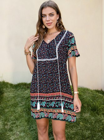 Polyester Cotton Casual Short Sleeve Floral Weaving Dress