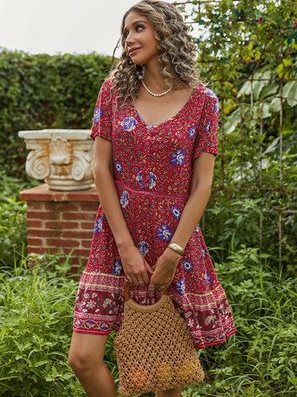 Floral-Print Resort Tribal Short Sleeve Weaving Dress