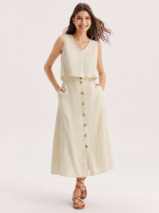 Emma 100% Linen V-neck Midi Skirt Suit