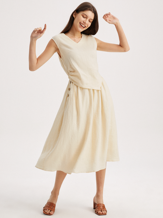 Sienna 100% Linen V-neck Mock Two-piece Dress