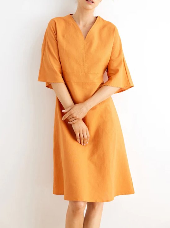 Ria Linen-Cotton V-neck Back-tied Dress With Belt