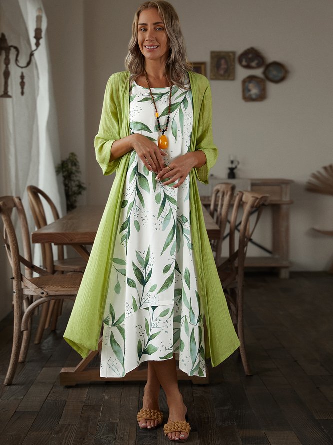 Round Neck Half Sleeve Plant Casual Two Piece Sets