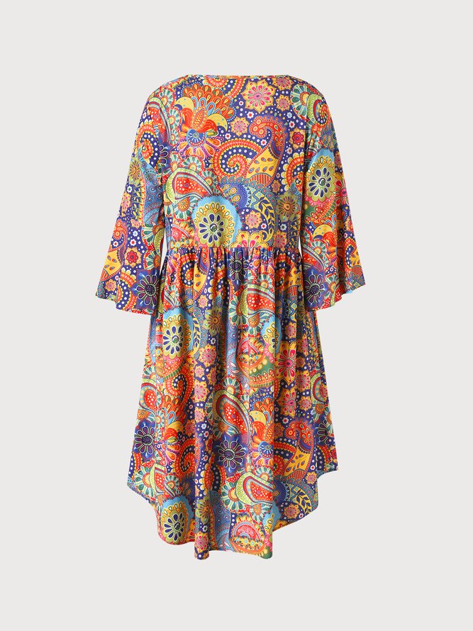  Flare Sleeves Floral Casual Midi Dress
