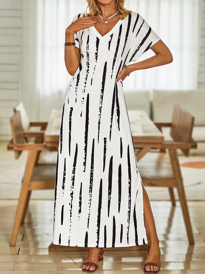Striped Short Sleeve V Neck Casual Dress