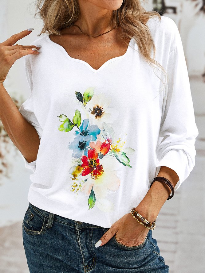 Casual Floral Long Sleeve V Neck Printed Tops T-shirts