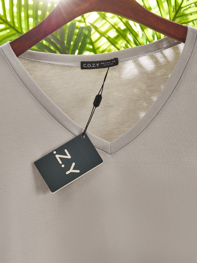 Casual Spring Color Block V neck Lightweight Cotton-Blend Regular Basic Plain H-Line T-shirt for Women