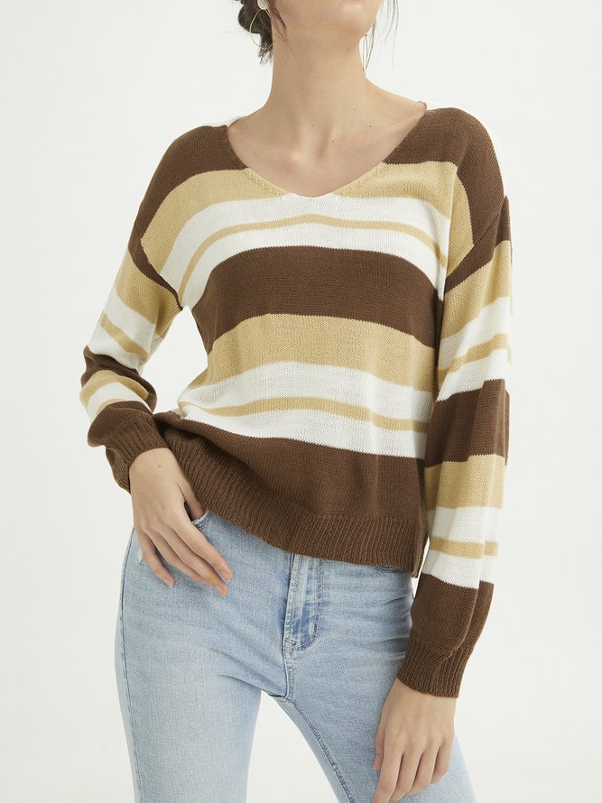 V Neck Color-Block Long Sleeve Sweater