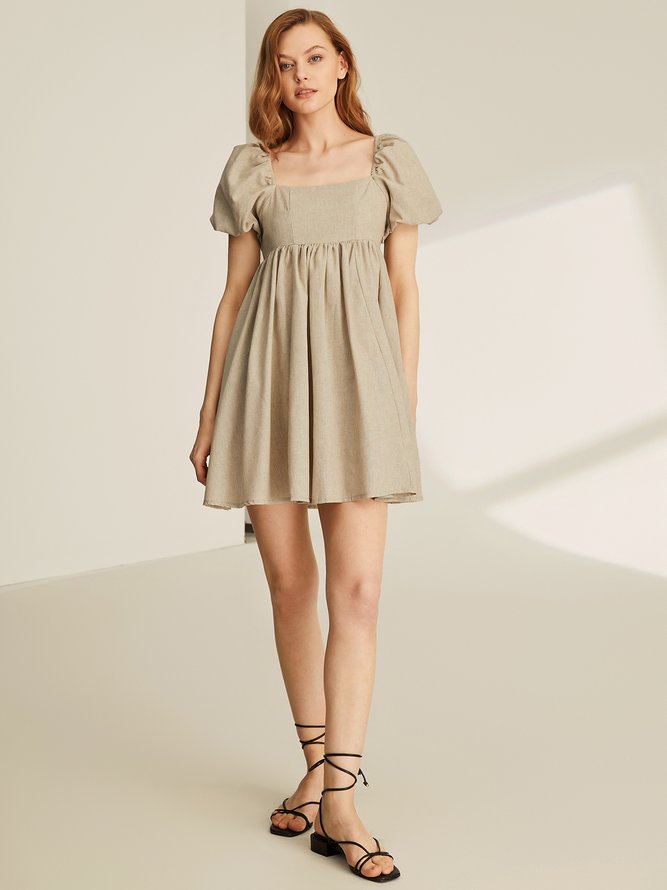 Linen Puff Slevees Square Neck Dress